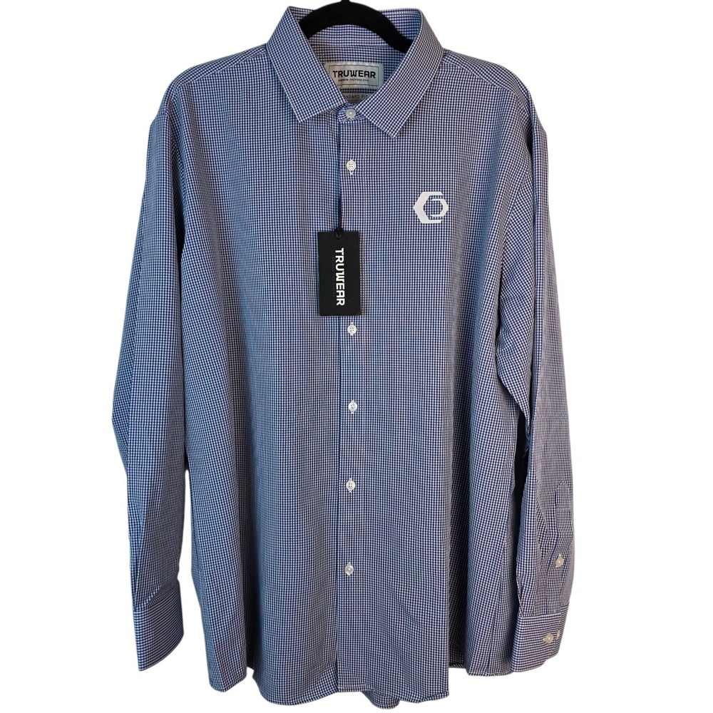 Truwear Phenom Professiona Men'sl Gingham Check Dress Shirt XL 18 34/35 Blue NWT
